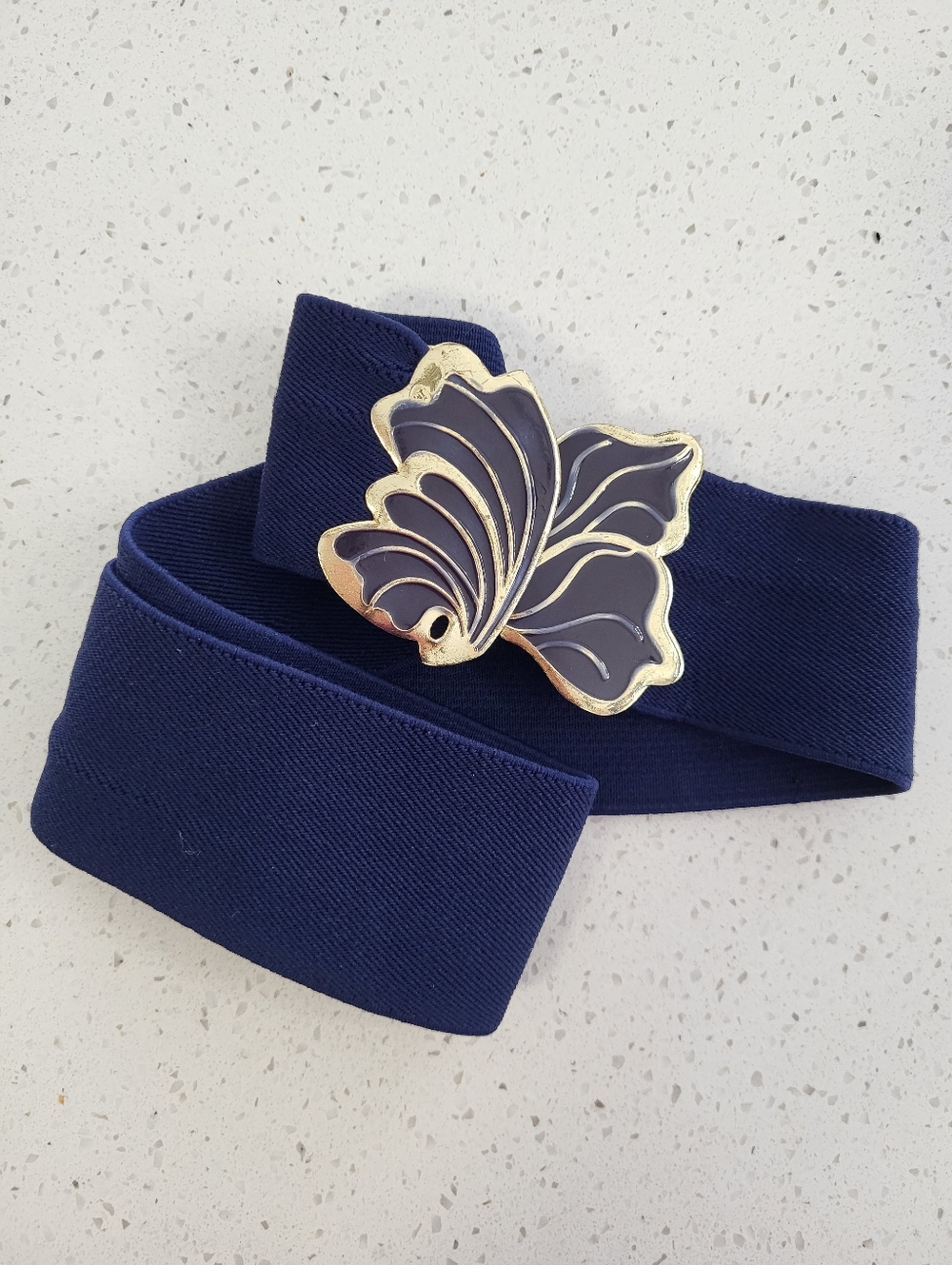 Vintage Navy Stretch Belt Gold Butterfly Buckle Waist Cincher
